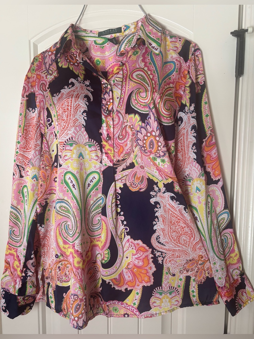 Ralph Lauren Multicolor Paisley Button-Down Bohemian Blouse Pink, Purple & Green